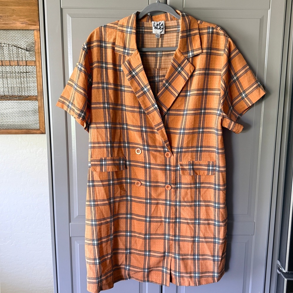 Lola May Women Plaid Short Sleeve Double Breasted Mini Blazer Dress, Orange, 12
